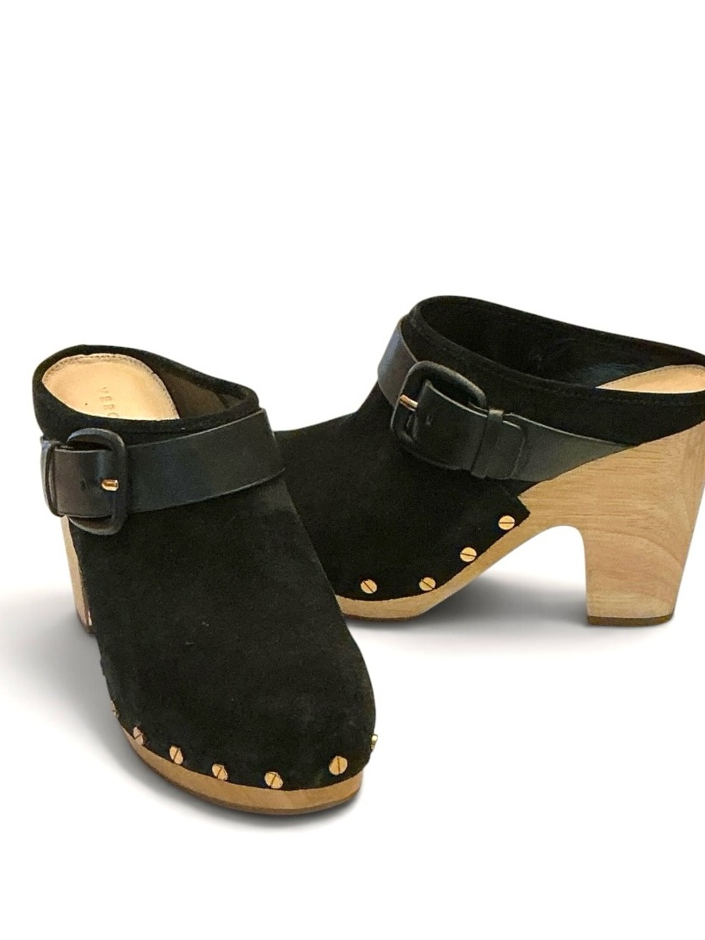 Veronica Beard Clog Mule Women’s 7 DACEY Black Suede Wooden Heels Buckle Accent